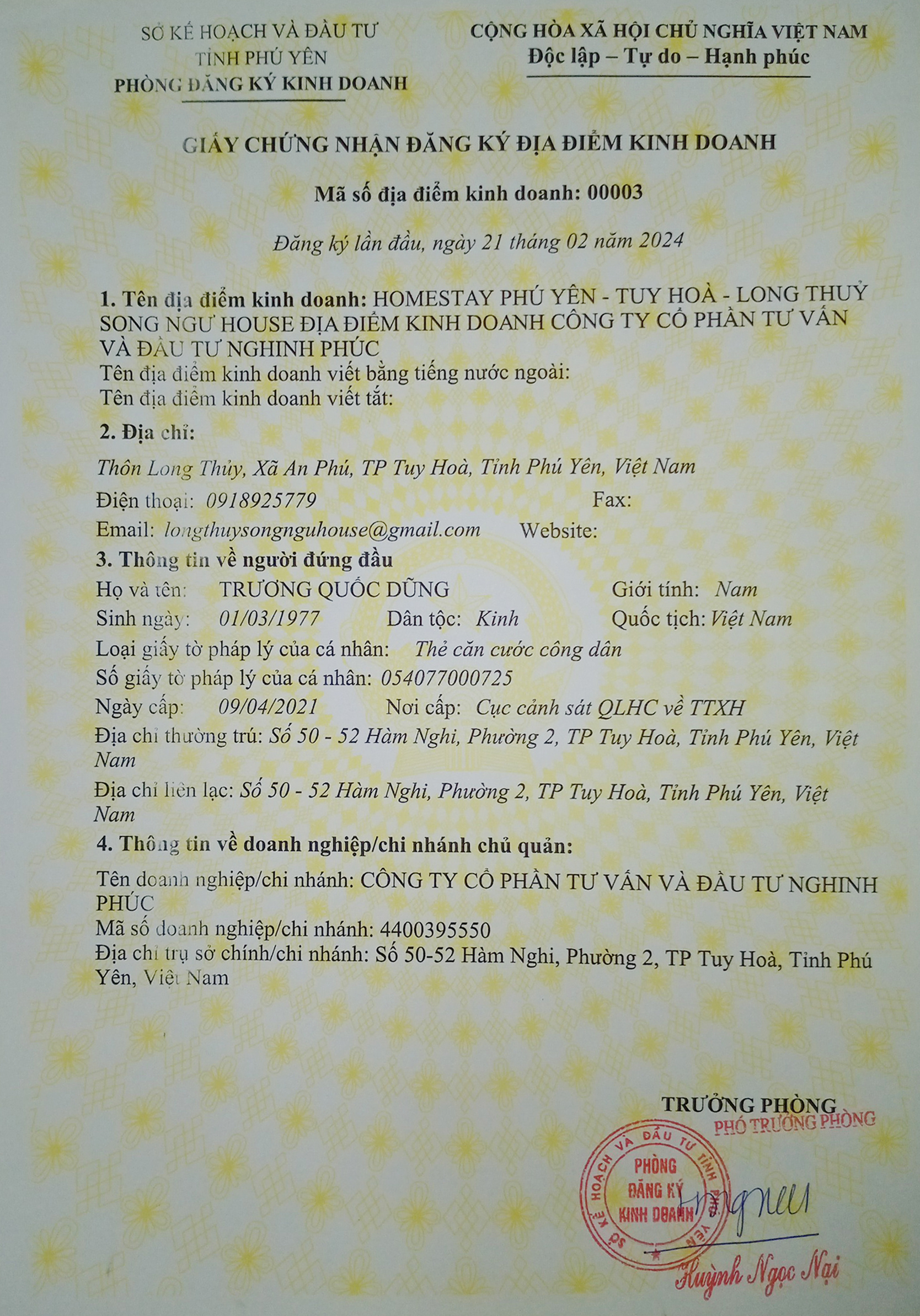 Giay dang ky kinh doanh Long Thuy Song Ngu House